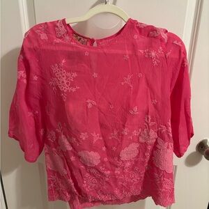 Johnny Was Hot Pink Floral Embroidered Blouse